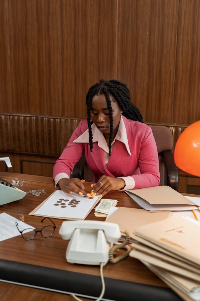 African American woman in pink blazer counting coins on office desk.